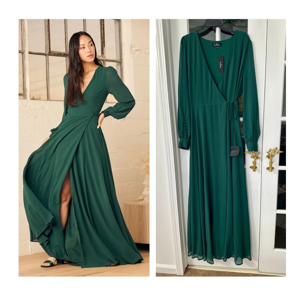 Lulus My Whole Heart Emerald Green Long Sleeve Wrap Dress (Size XL)